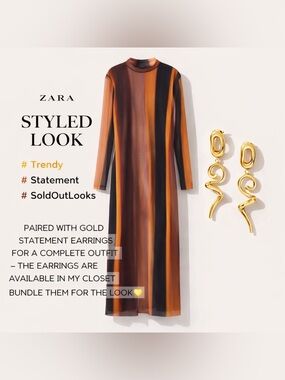 ZARA Vertical Striped Long Sleeve Maxi Dress in Orange & Brown